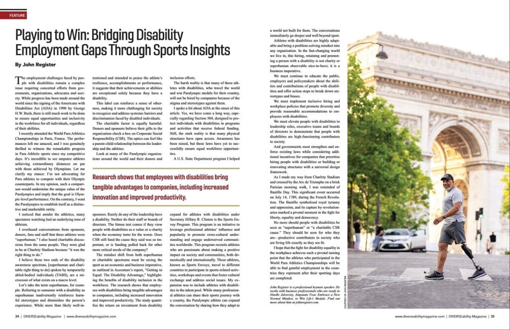 "Playing to Win: Bridging Disability Employment Gaps Through Sports Insights" by John Register, featured in DIVERSEability Magazine, Fall 2023